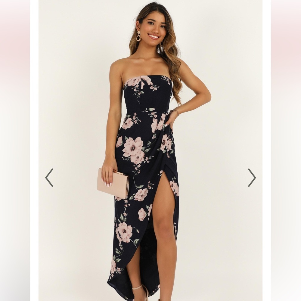 SHOWPO NAVY BLUE FLORAL “TAKE IT FROM THE TOP” STRAPLESS MAXI DRESS - Picture 1 of 14